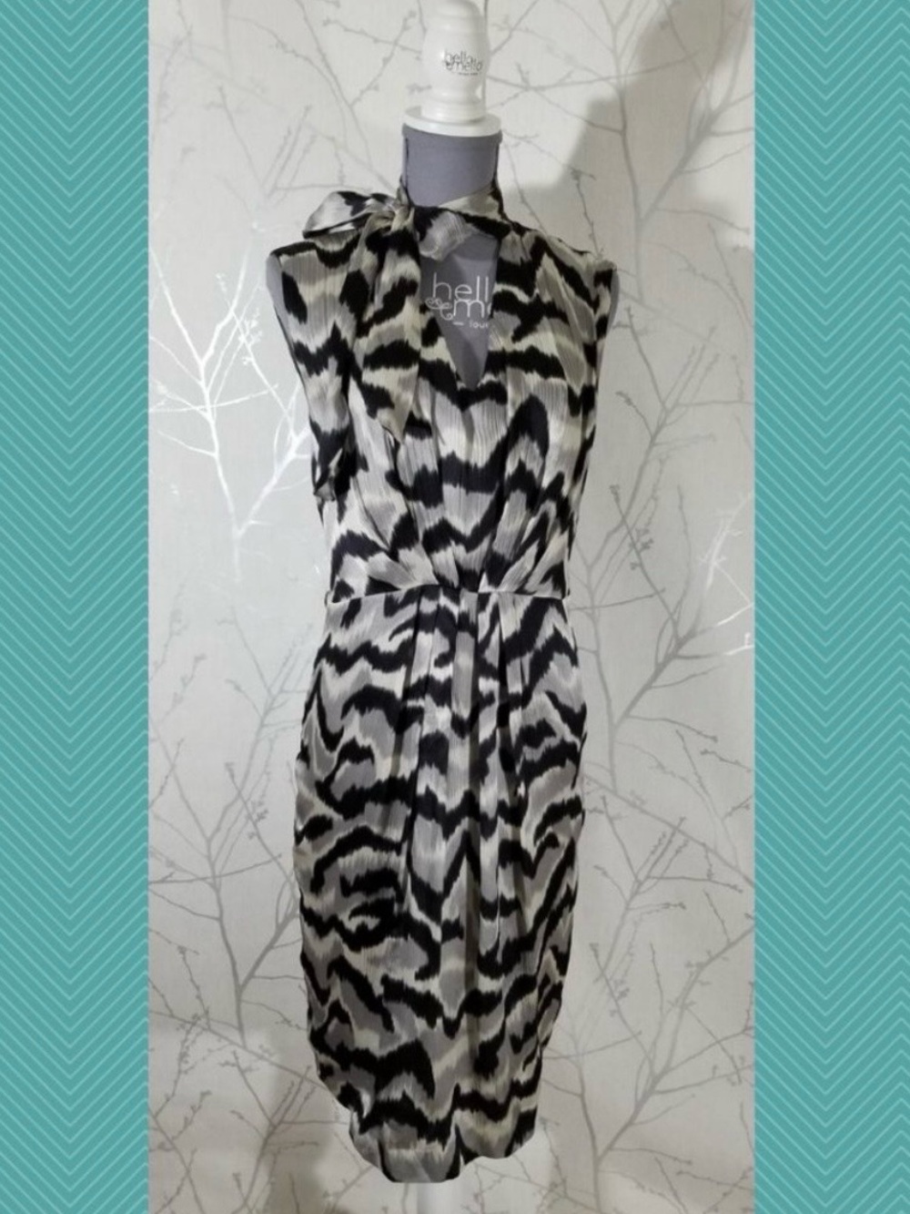MaxMara Black and White Sleeveless Tie-Neck Midi Dress. Silk